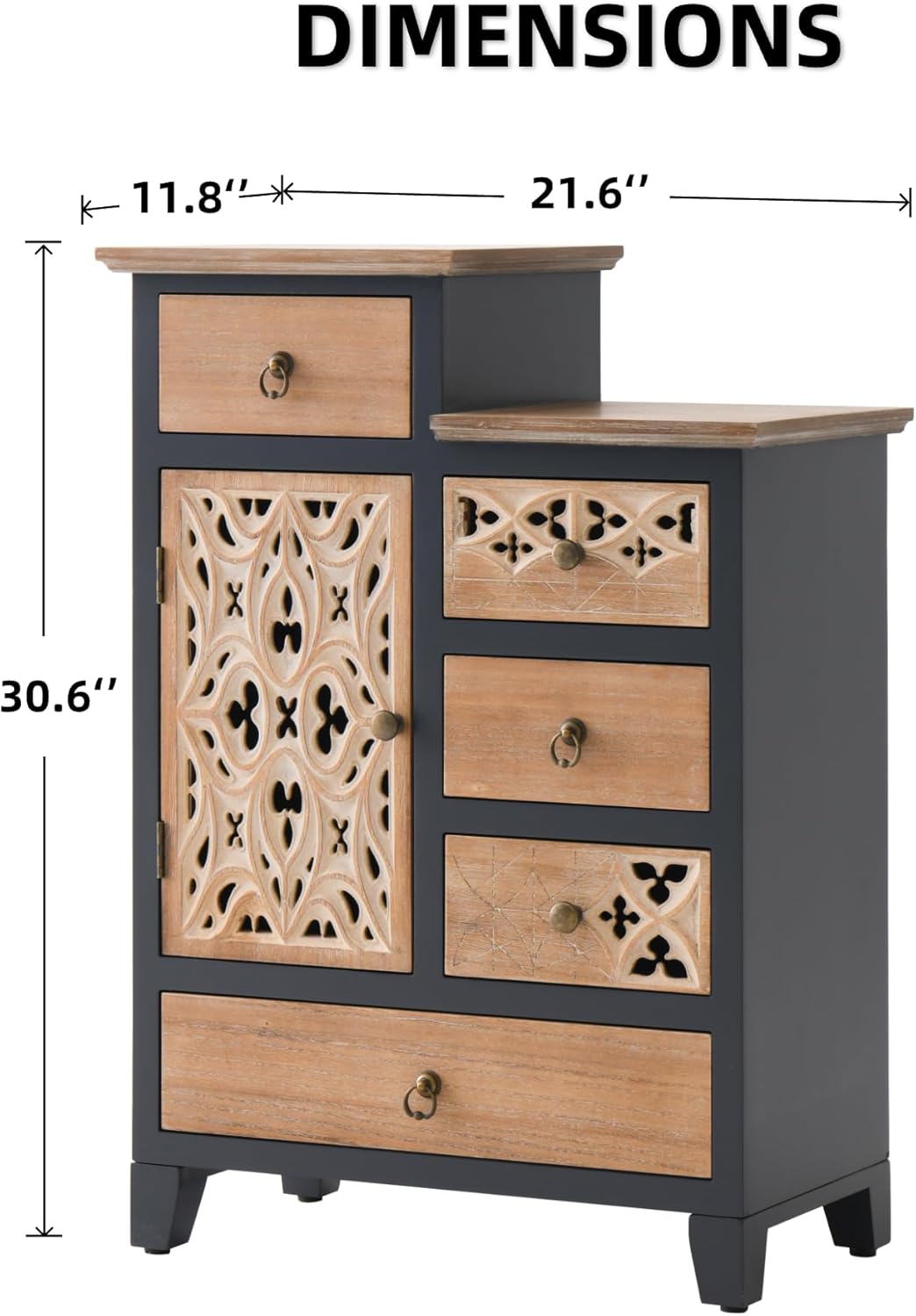 Farmhouse Accent Chest with Carved Door and 5-Drawers, Vintage Storage Cabinet Modern Dresser for Living Room, Entryway, Hallway, Multi-Drawer Organizer, Natural and Deep Blue. ( Damage see the pictures)